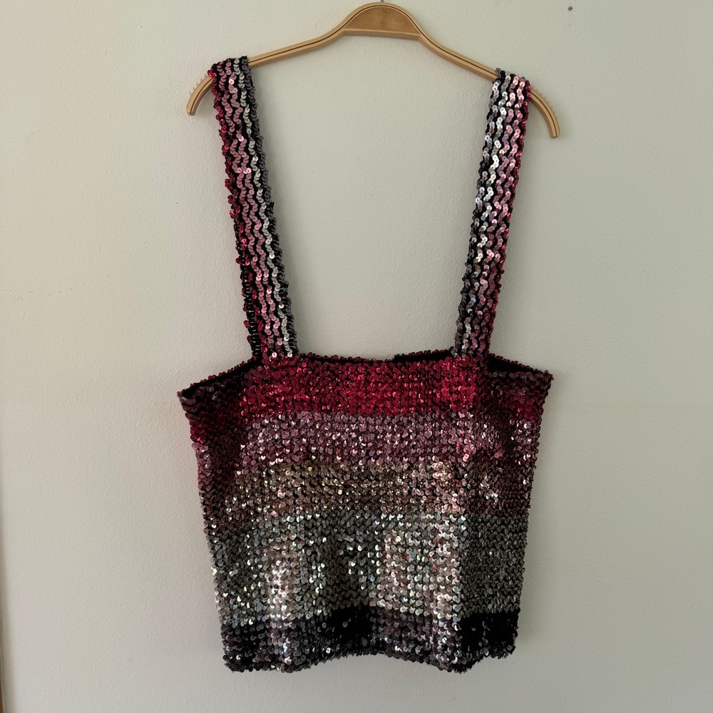 Roaman's Womens Pink Ombre Sequin Disco Tank Top L Vintage 80s Halloween